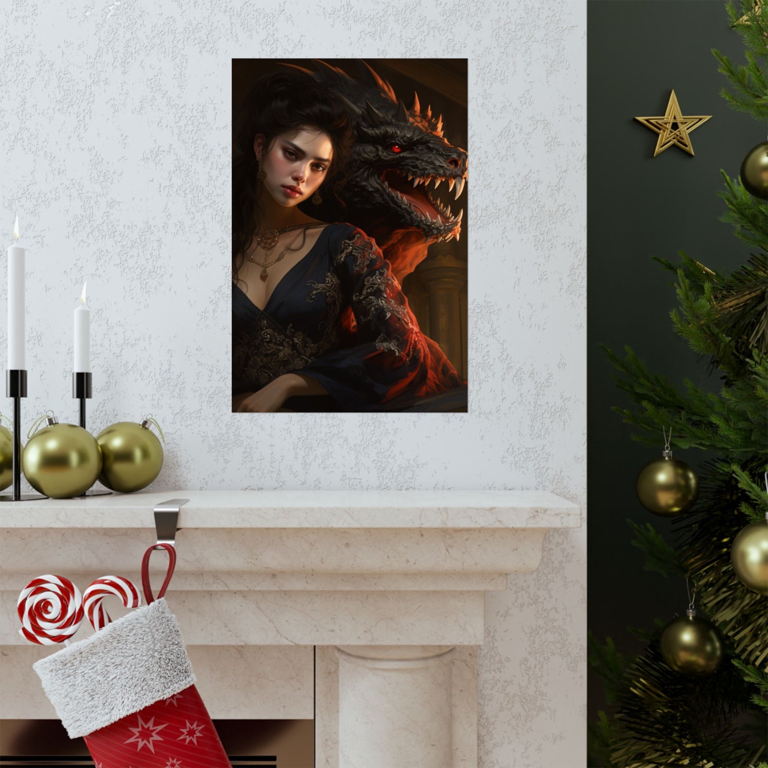 Fantasy Portrait Poster — Dark Sorceress with Dragon Matte Vertical Print - The Art Hub