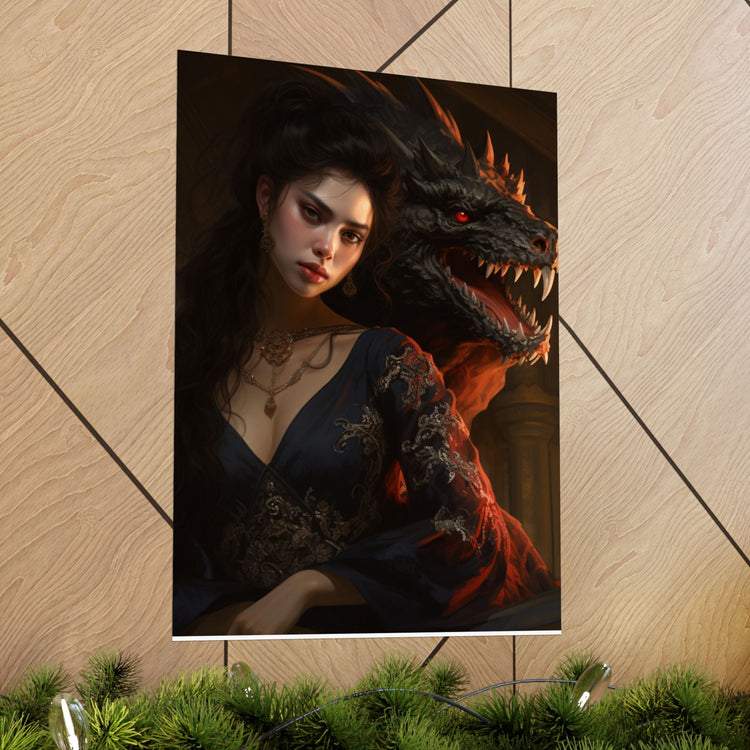 Fantasy Portrait Poster — Dark Sorceress with Dragon Matte Vertical Print - The Art Hub