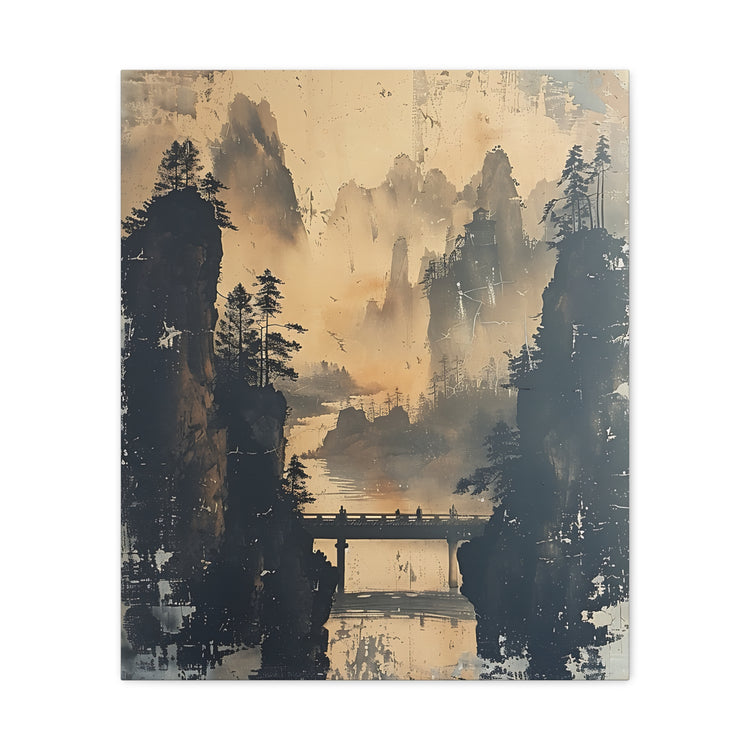 Serene Mountain Bridge Canvas Wall Art — East Asian Landscape Matte Stretched Print - The Art Hub
