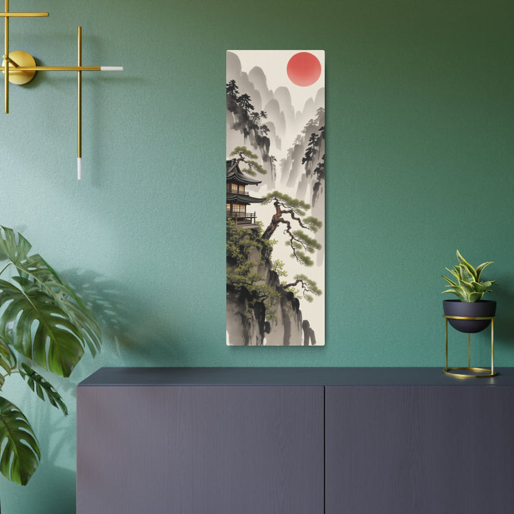 Zen Mountain Metal Art Japanese Landscape with Red Sun - The Art Hub