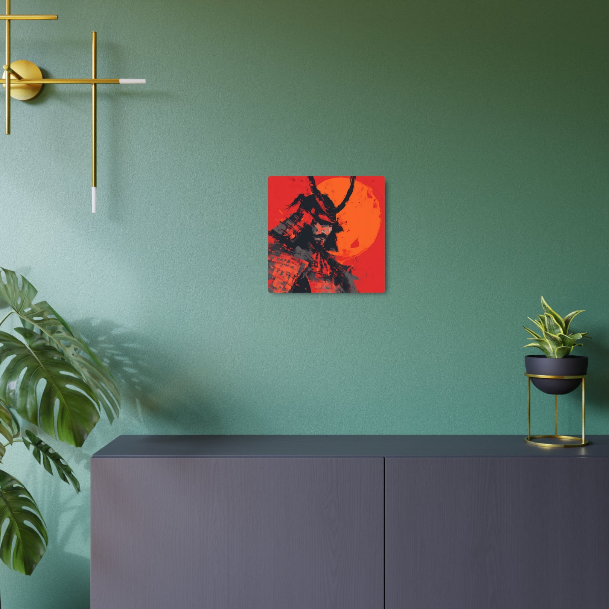 Samurai Moon Metal Art Sign — Red Warrior Wall Decor