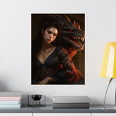 Fantasy Portrait Poster — Dark Sorceress with Dragon Matte Vertical Print - The Art Hub