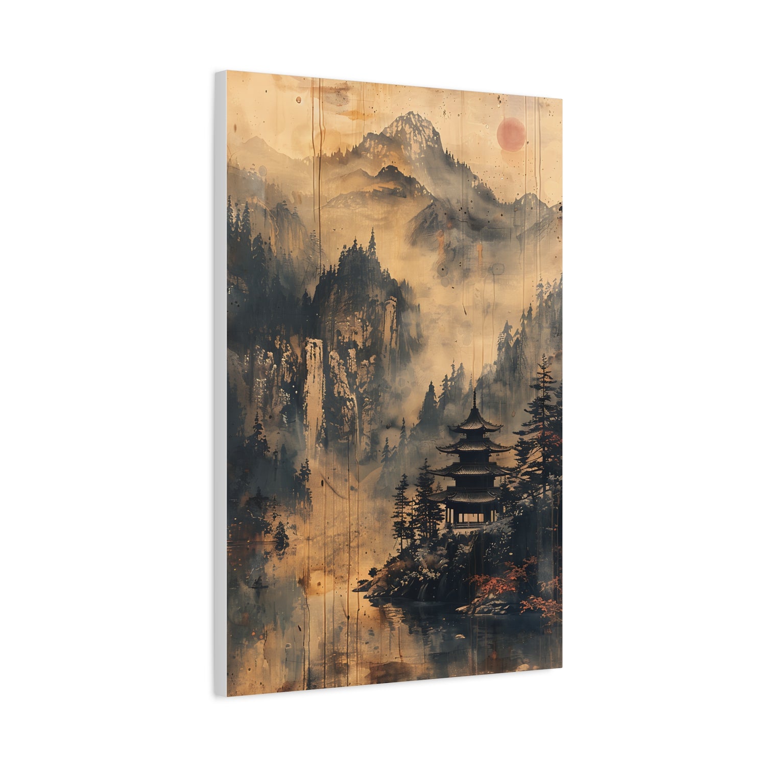 Zen Mountain Mist Canvas Art — Japanese Pagoda Landscape on Stretched Matte Canvas - The Art Hub