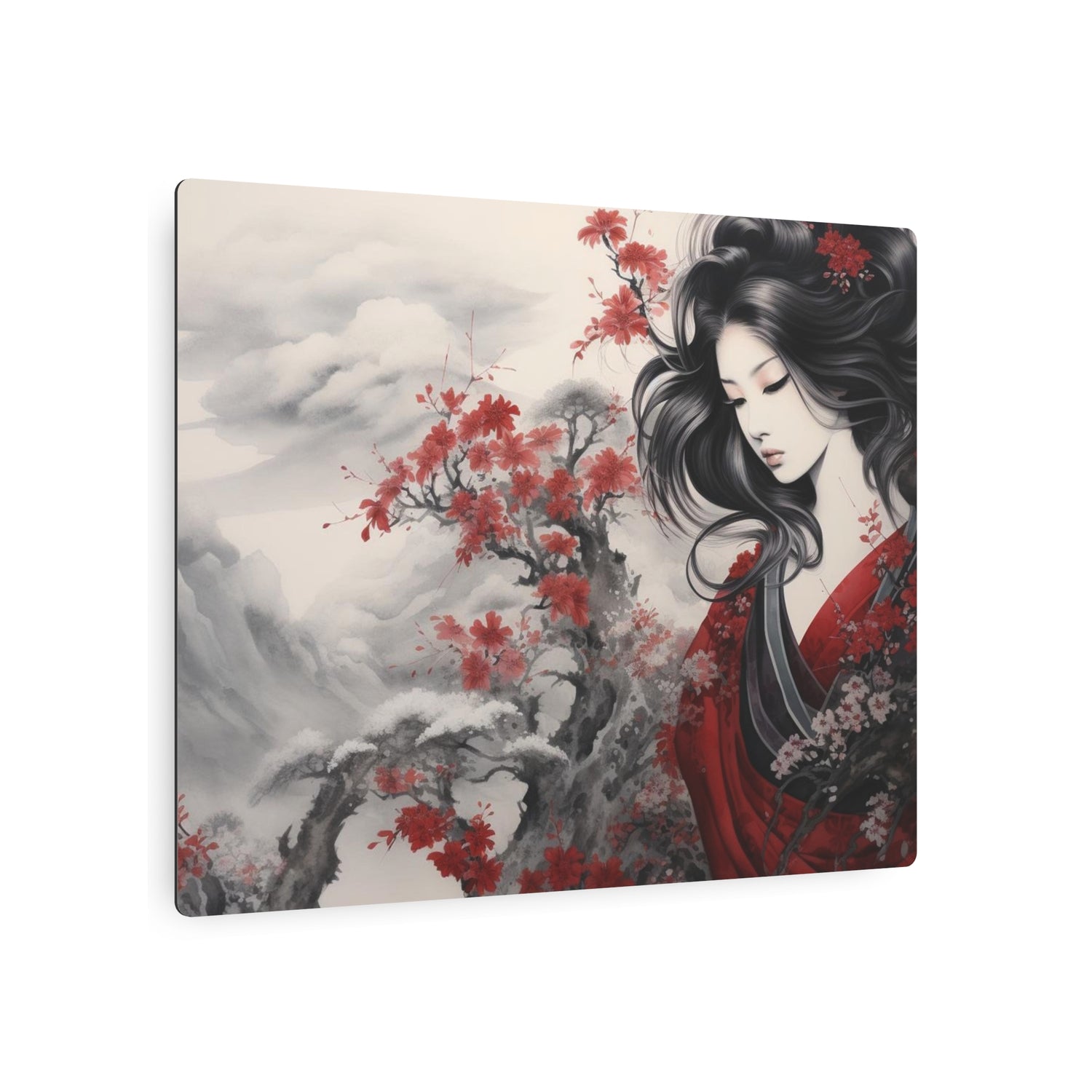Metal Art Elegant Geisha Landscape with Red Maple Blossoms - The Art Hub
