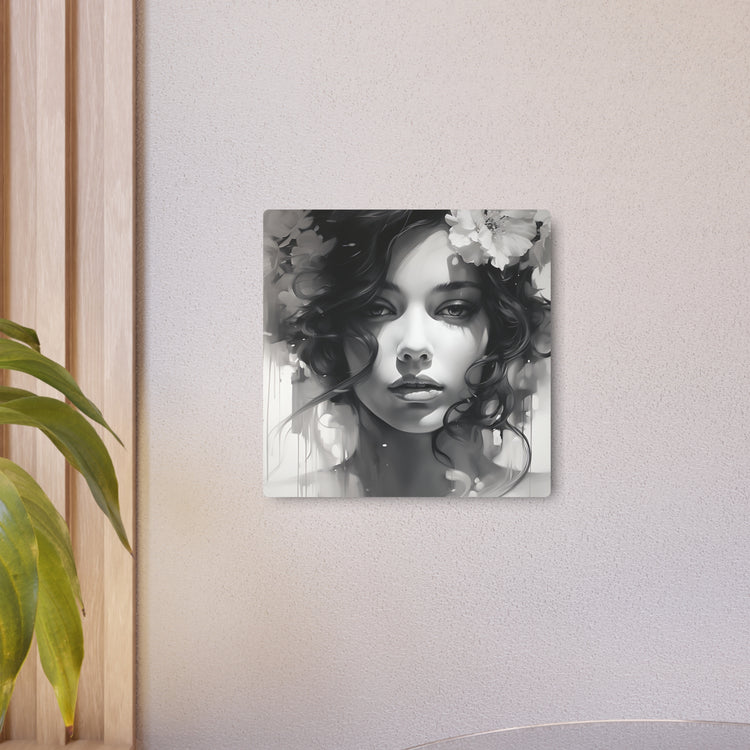 Metal Wall Art Sign — Monochrome Portrait of Woman with Floral Accents - The Art Hub