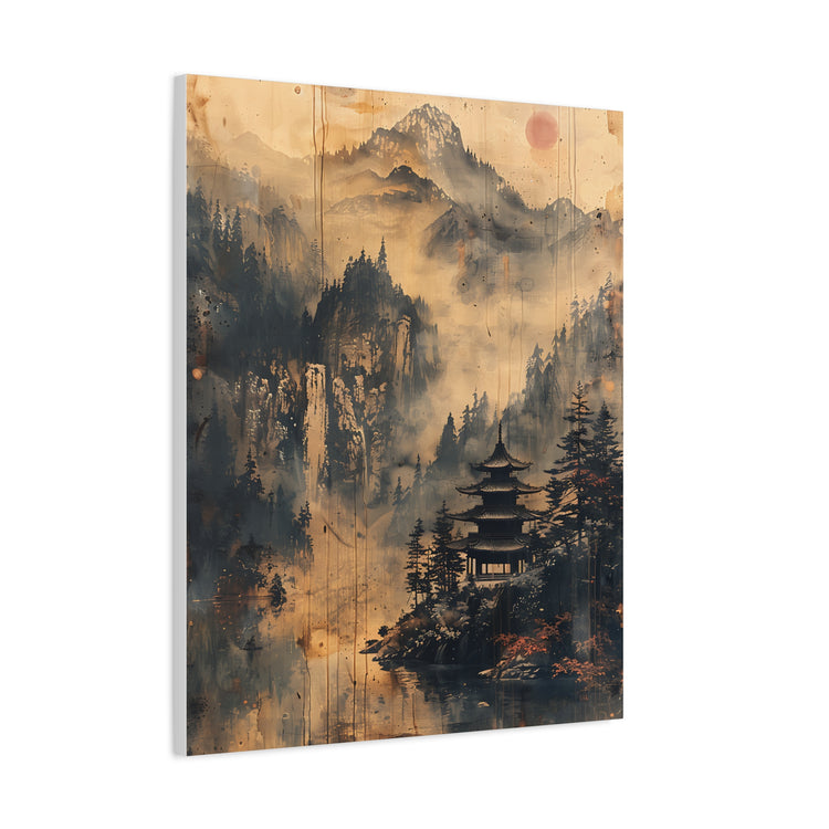 Zen Mountain Mist Canvas Art — Japanese Pagoda Landscape on Stretched Matte Canvas - The Art Hub