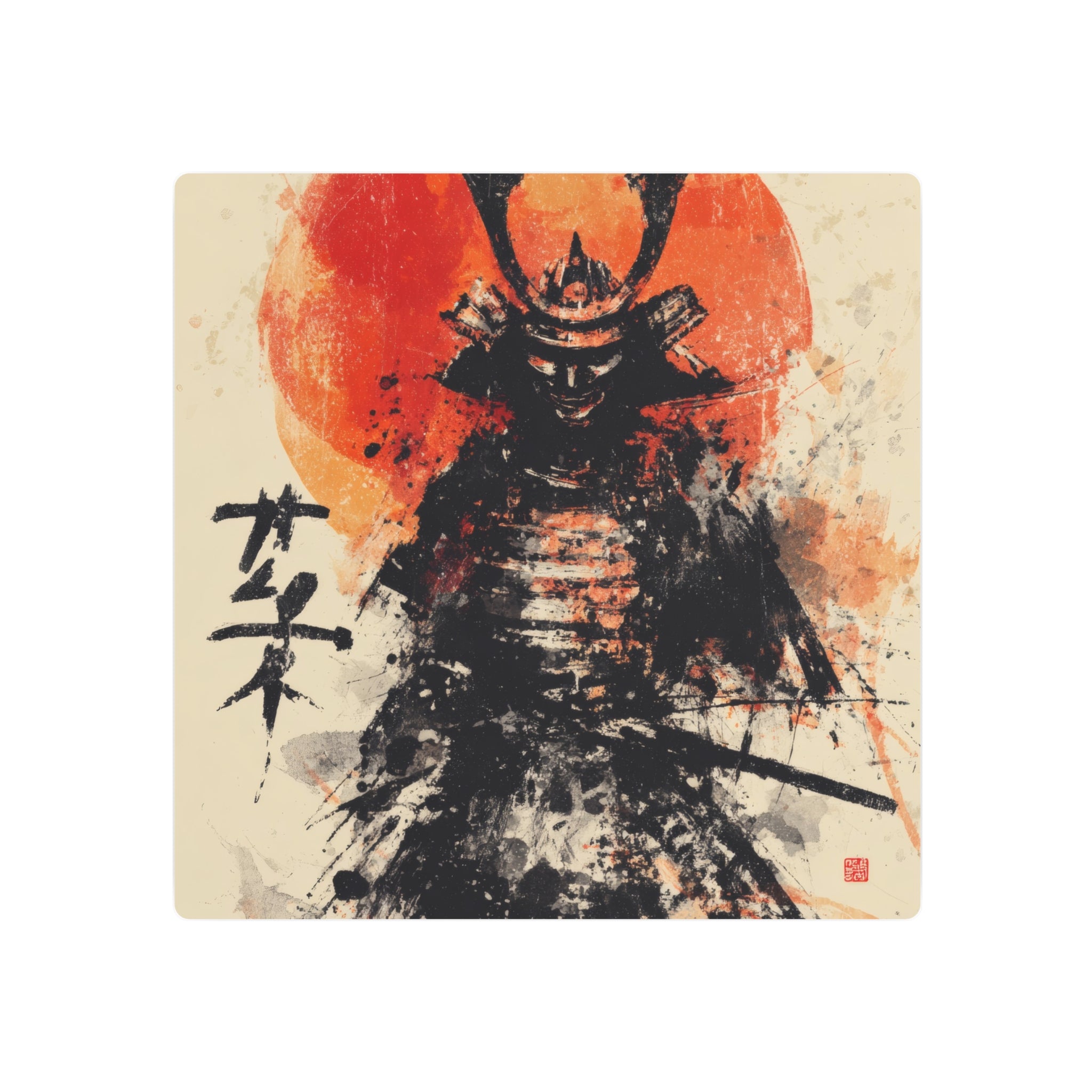 Samurai Metal Art Sign — Ink Wash Warrior with Rising Sun