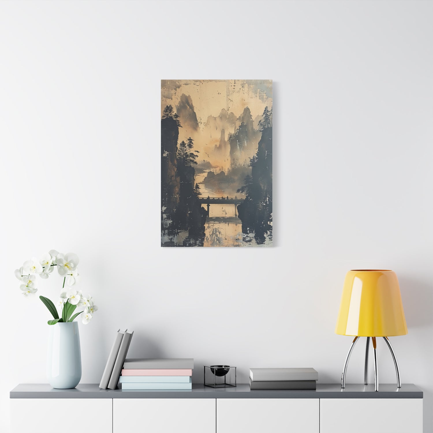 Serene Mountain Bridge Canvas Wall Art — East Asian Landscape Matte Stretched Print - The Art Hub