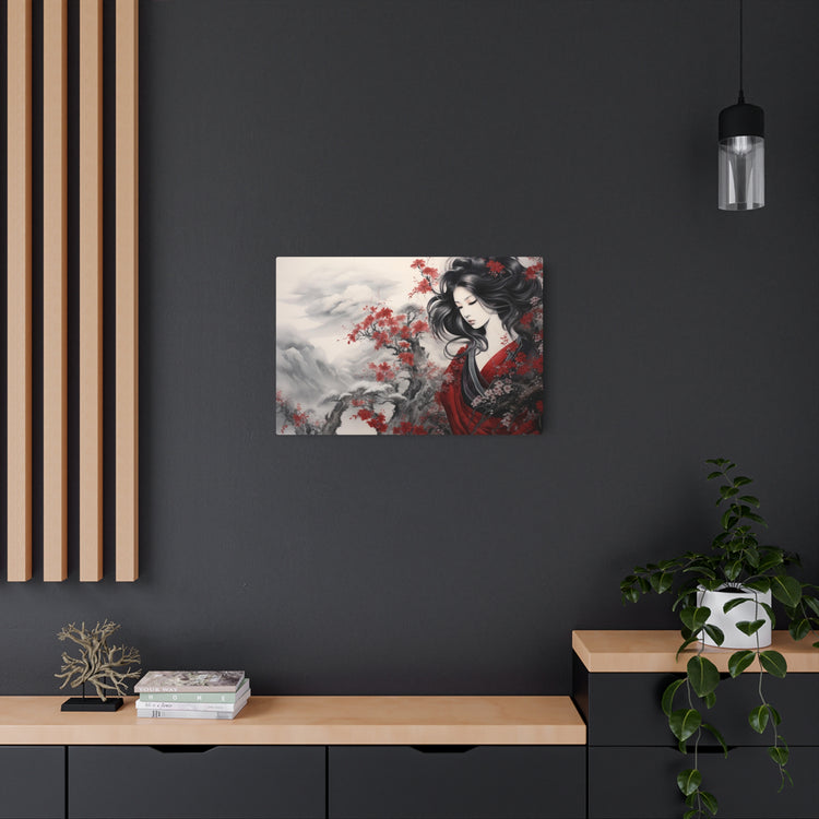 Metal Art Elegant Geisha Landscape with Red Maple Blossoms - The Art Hub