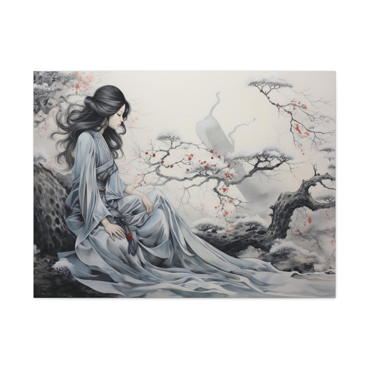 Canvas Wall Art Serene Geisha in Misty Cherry Blossom - The Art Hub