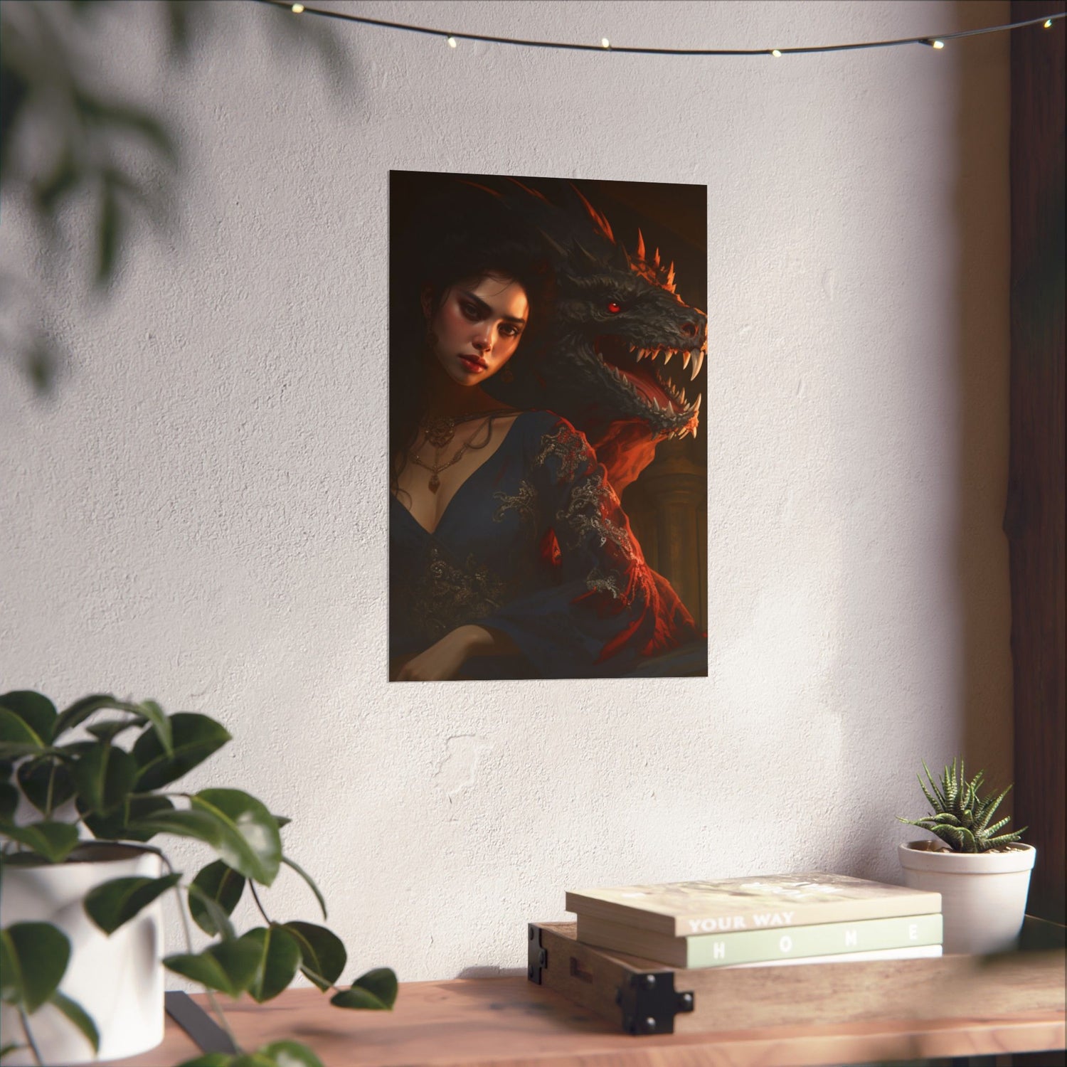 Fantasy Portrait Poster — Dark Sorceress with Dragon Matte Vertical Print - The Art Hub