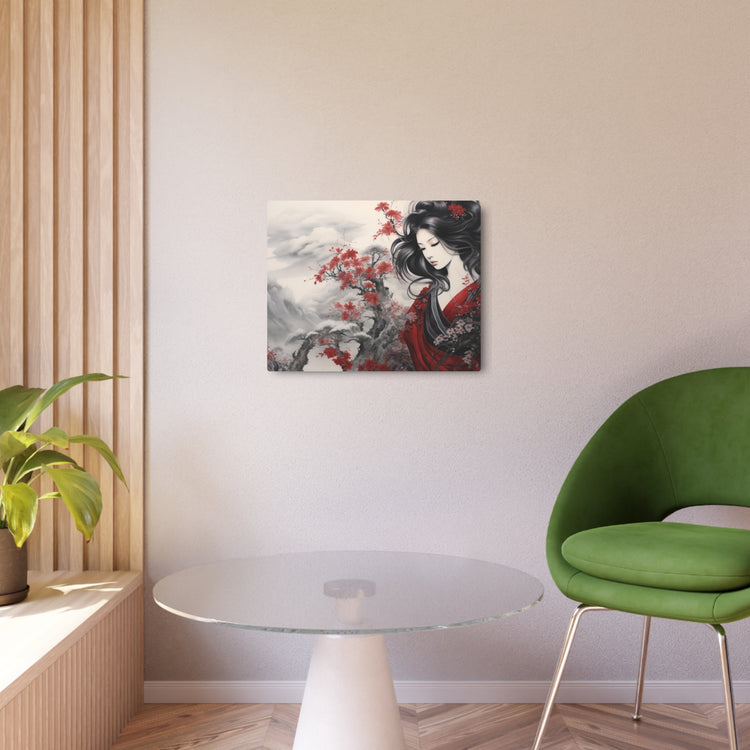 Metal Art Elegant Geisha Landscape with Red Maple Blossoms - The Art Hub