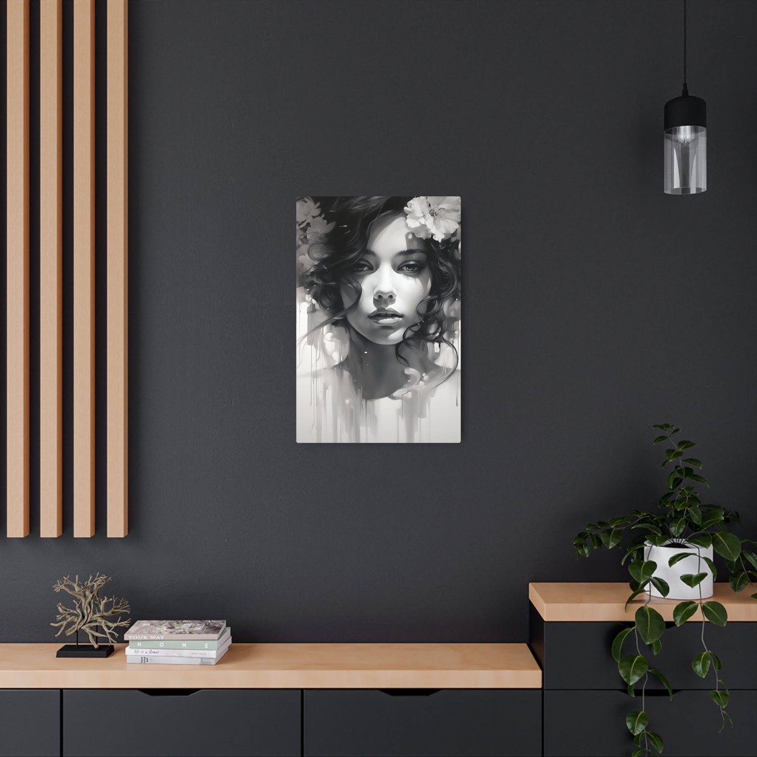 Metal Wall Art Sign — Monochrome Portrait of Woman with Floral Accents - The Art Hub