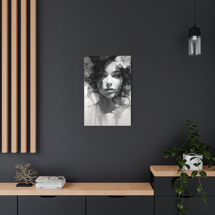 Metal Wall Art Sign — Monochrome Portrait of Woman with Floral Accents - The Art Hub