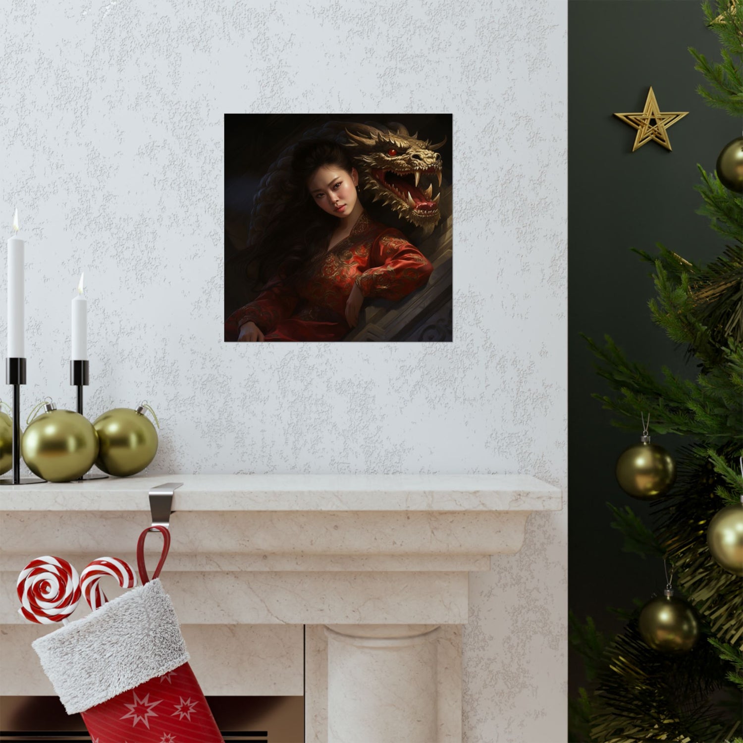 Matte Vertical Poster — Asian Warrior Woman with Dragon Art Print - The Art Hub