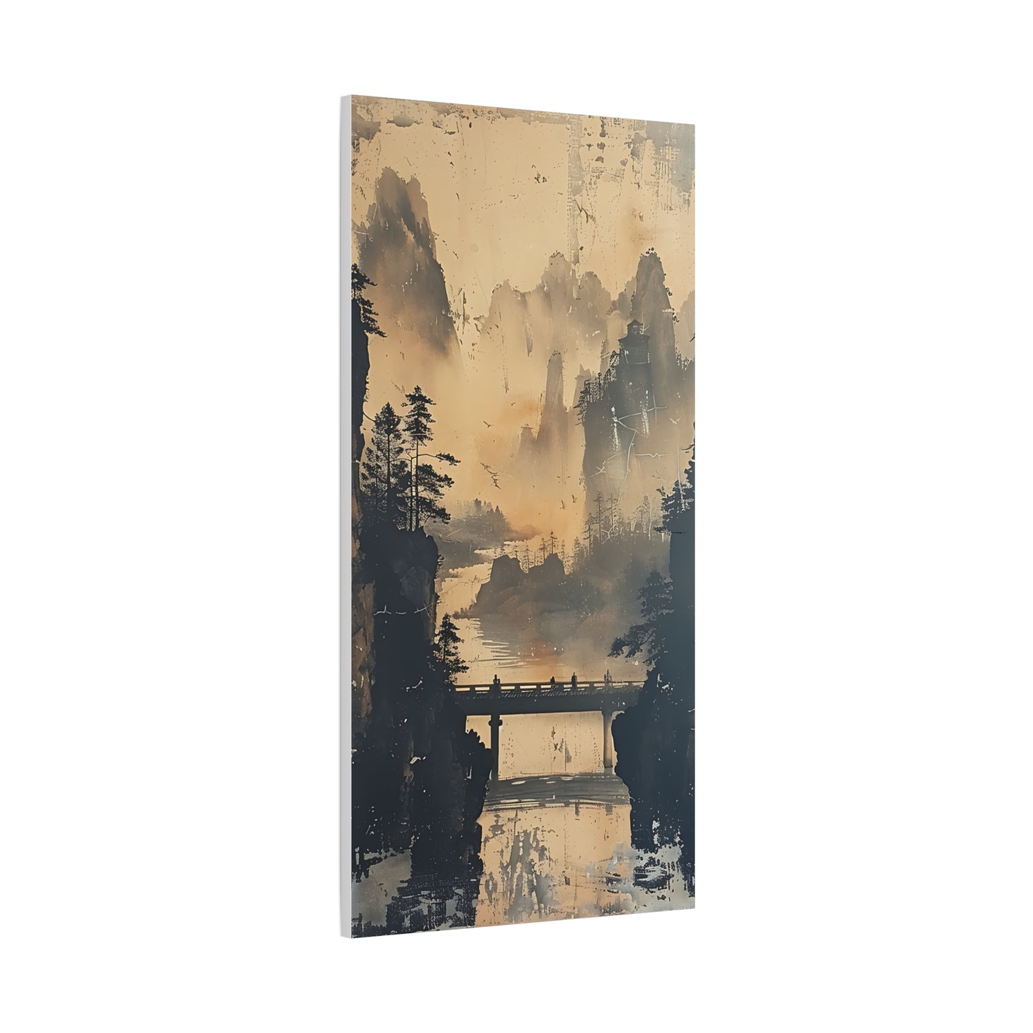 Serene Mountain Bridge Canvas Wall Art — East Asian Landscape Matte Stretched Print - The Art Hub