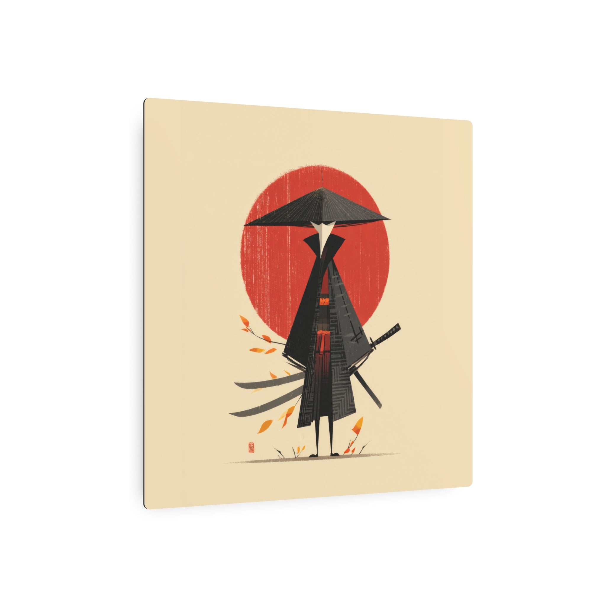 Samurai Metal Art Sign — Minimal Japanese Warrior Wall Decor with Red Sun
