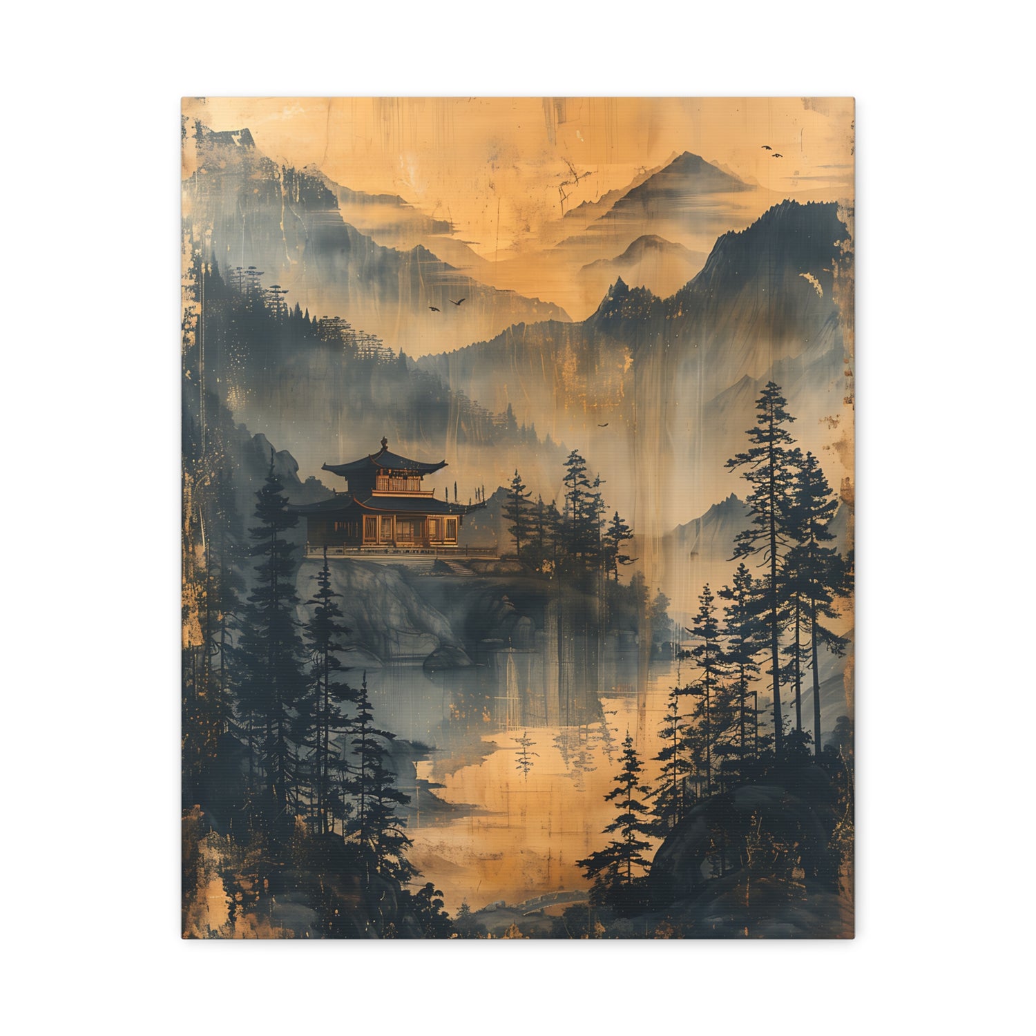 Golden Mist Mountain Landscape Canvas — Asian Pagoda Wall Art - The Art Hub