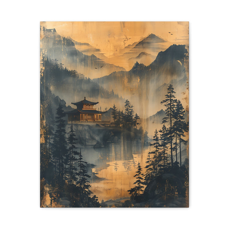 Golden Mist Mountain Landscape Canvas — Asian Pagoda Wall Art - The Art Hub