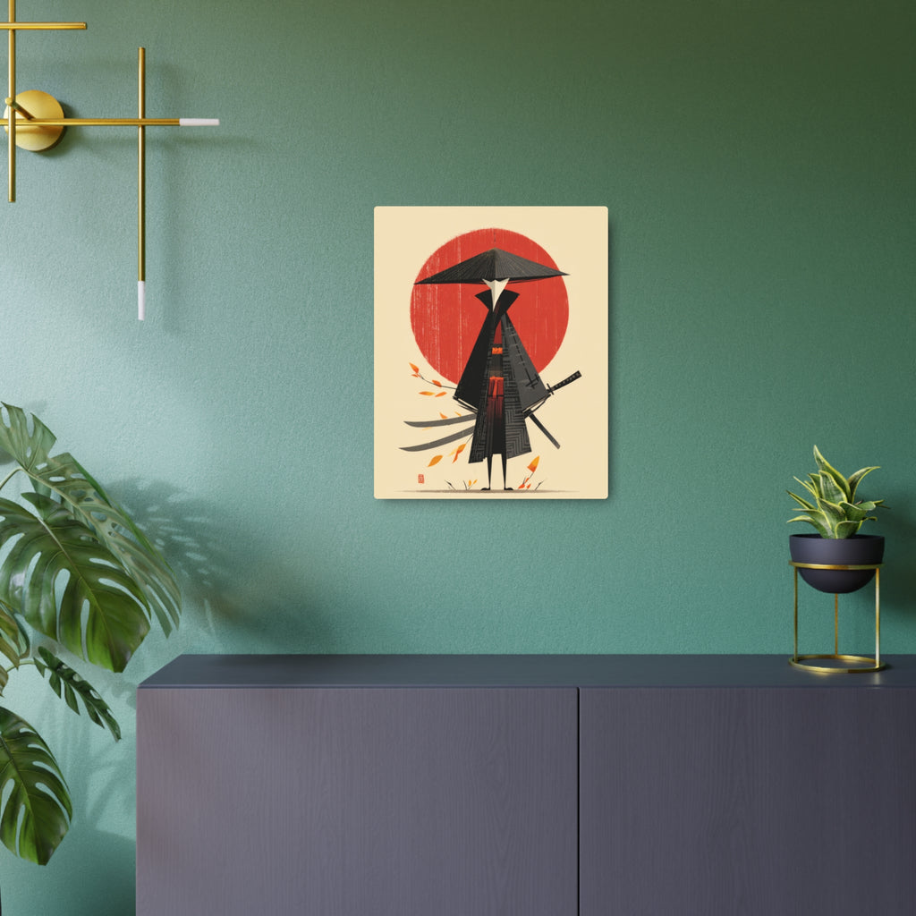 Samurai Metal Art Sign — Minimal Japanese Warrior Wall Decor with Red Sun