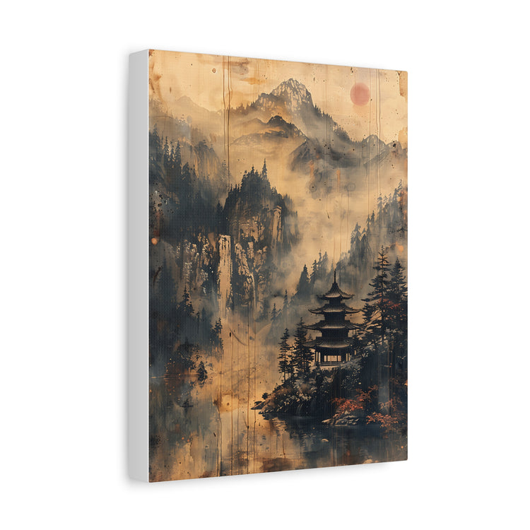 Zen Mountain Mist Canvas Art — Japanese Pagoda Landscape on Stretched Matte Canvas - The Art Hub