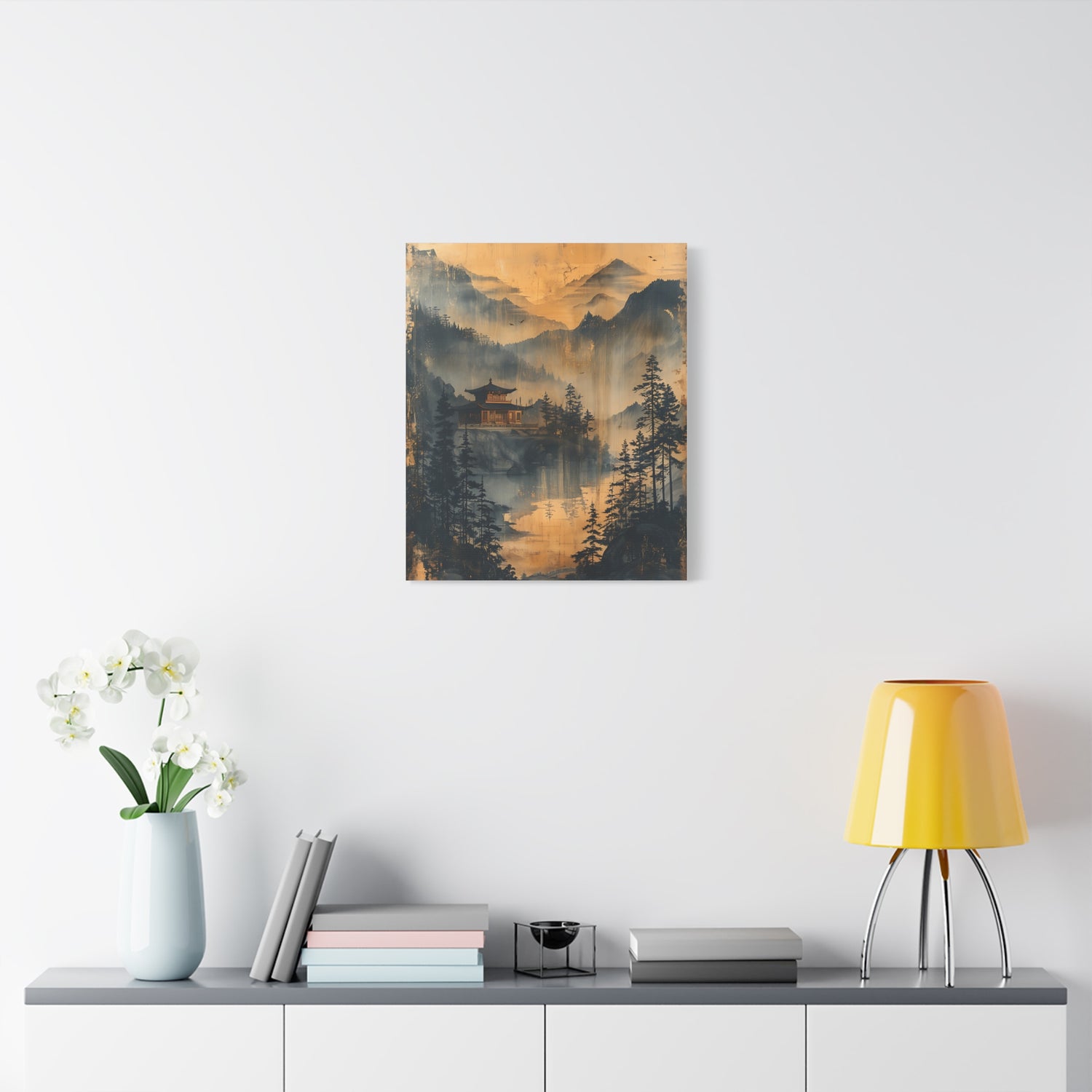 Golden Mist Mountain Landscape Canvas — Asian Pagoda Wall Art - The Art Hub