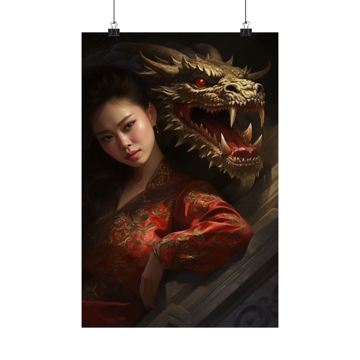 Matte Vertical Poster — Asian Warrior Woman with Dragon Art Print - The Art Hub