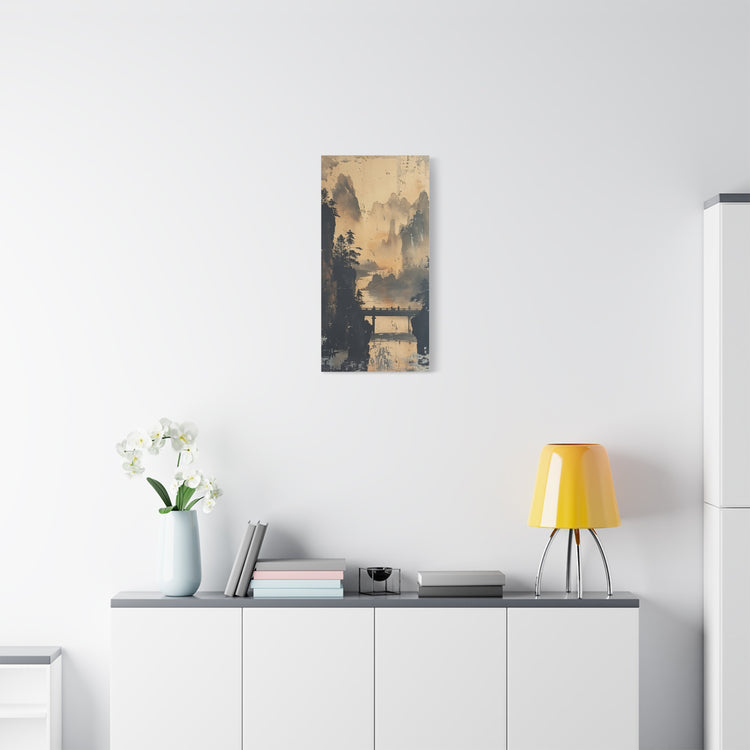 Serene Mountain Bridge Canvas Wall Art — East Asian Landscape Matte Stretched Print - The Art Hub