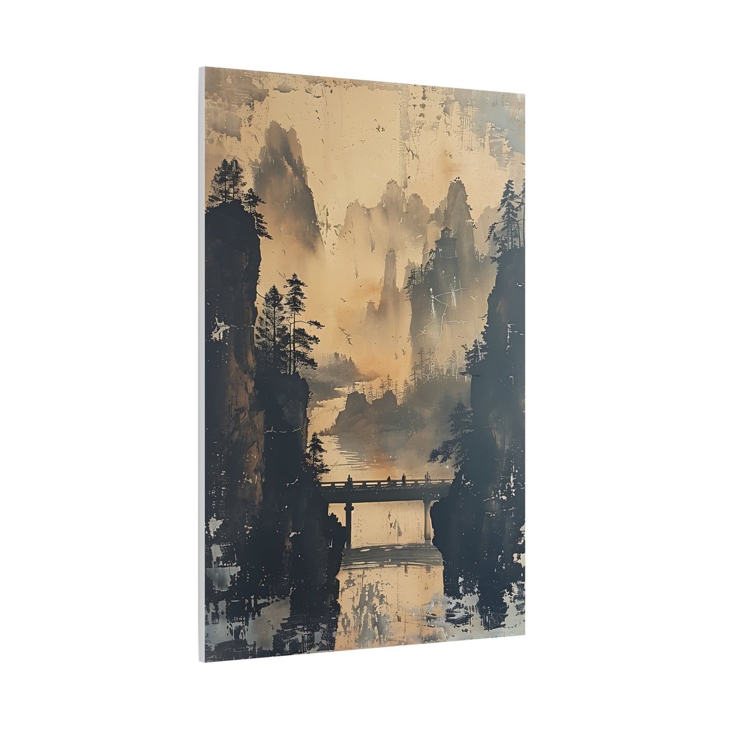 Serene Mountain Bridge Canvas Wall Art — East Asian Landscape Matte Stretched Print - The Art Hub