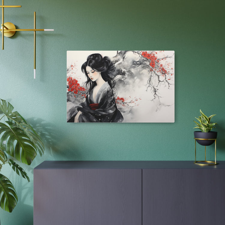 Metal Art Japanese Geisha Wall Decor with Cherry Blossom Ink Wash - The Art Hub