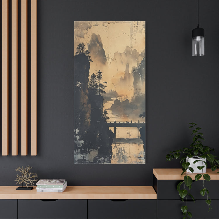 Serene Mountain Bridge Canvas Wall Art — East Asian Landscape Matte Stretched Print - The Art Hub