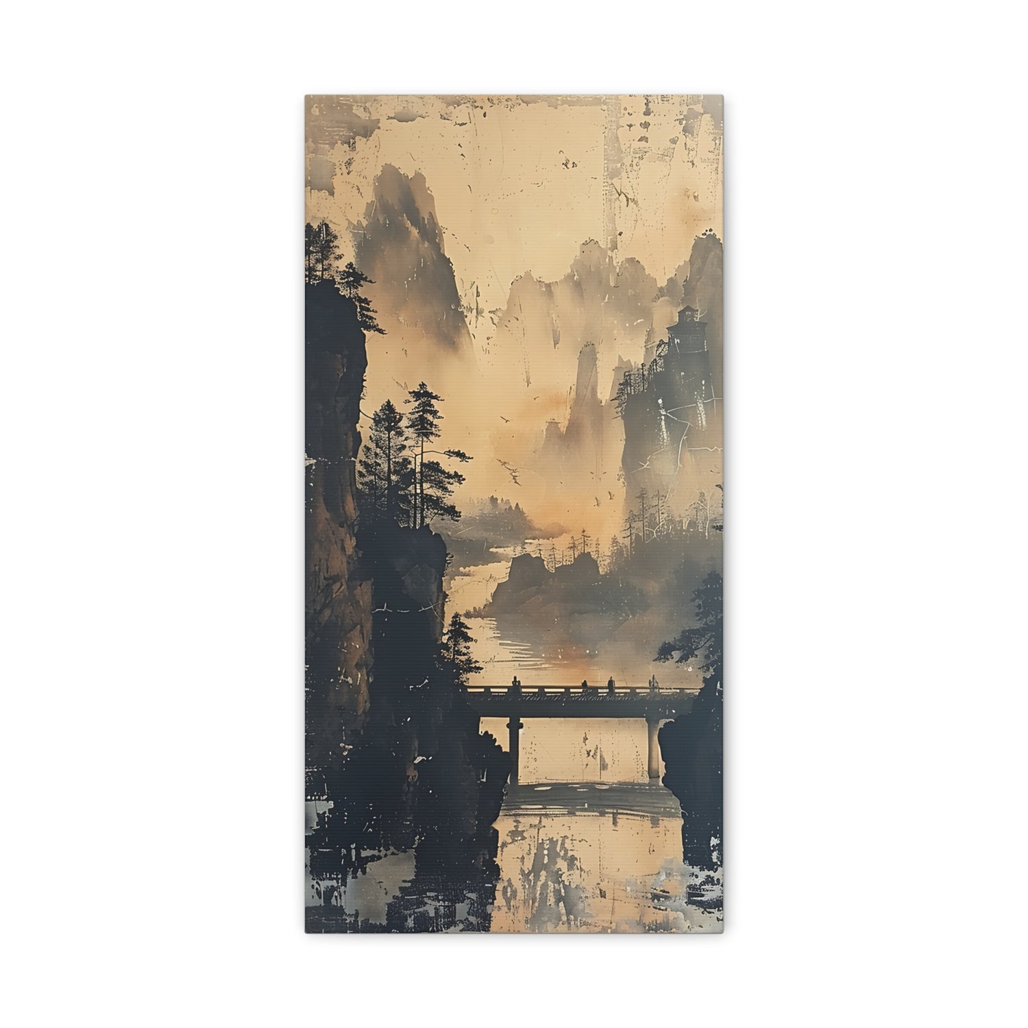 Serene Mountain Bridge Canvas Wall Art — East Asian Landscape Matte Stretched Print - The Art Hub