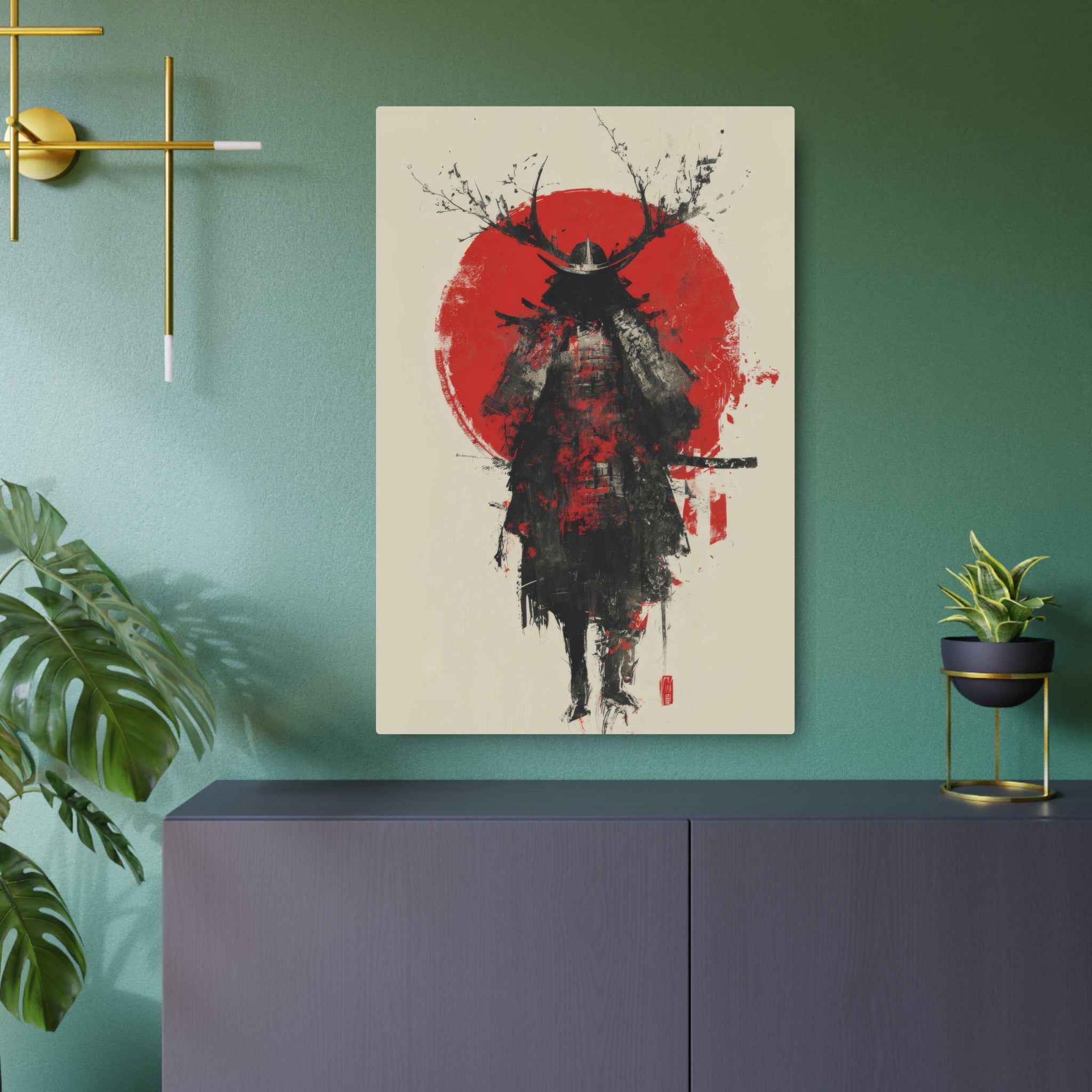 Samurai Metal Art Sign — Red Sun Warrior Wall Decor