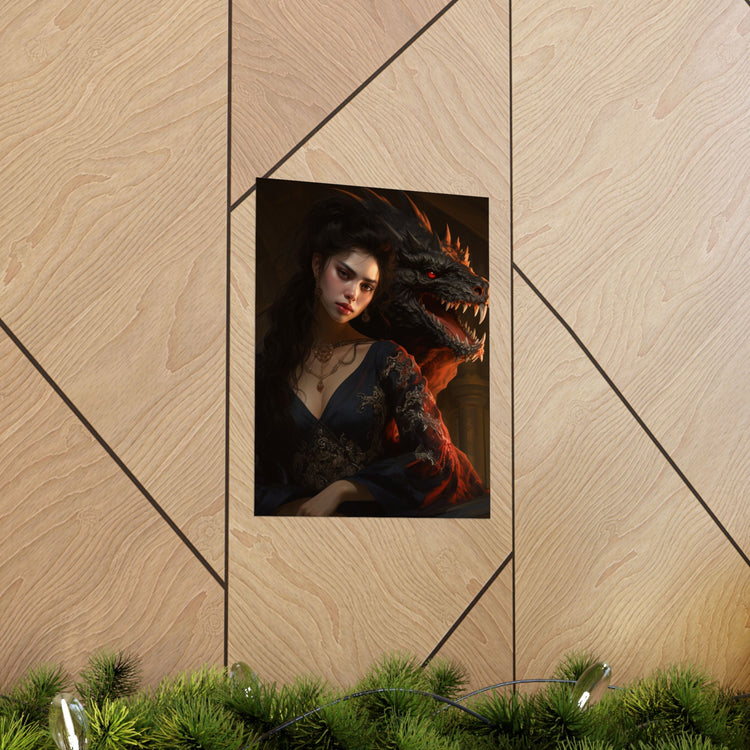 Fantasy Portrait Poster — Dark Sorceress with Dragon Matte Vertical Print - The Art Hub