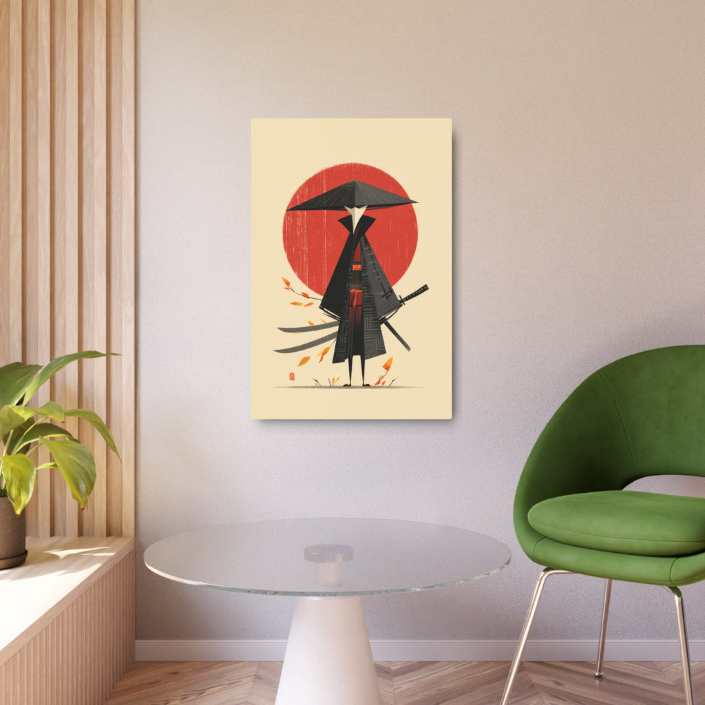Samurai Metal Art Sign — Minimal Japanese Warrior Wall Decor with Red Sun