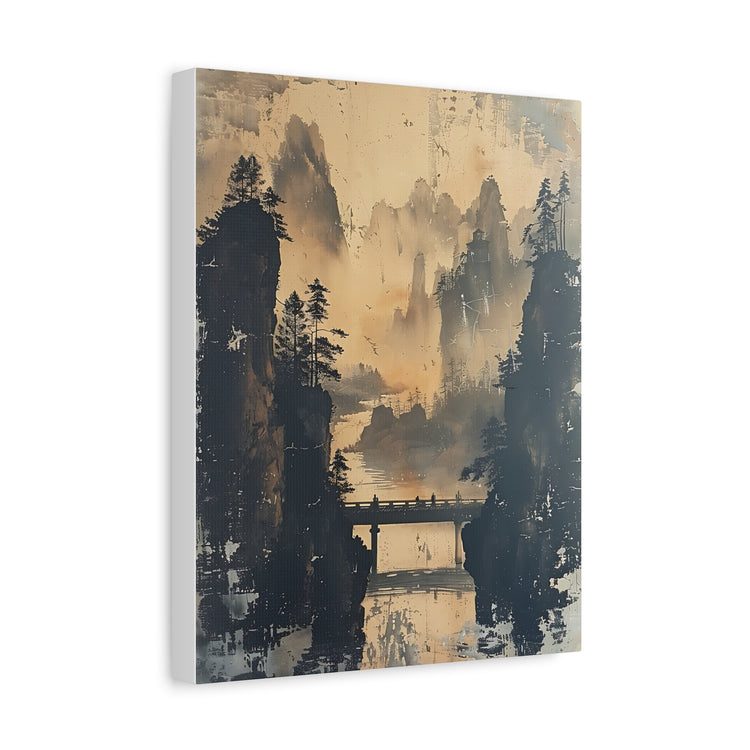 Serene Mountain Bridge Canvas Wall Art — East Asian Landscape Matte Stretched Print - The Art Hub
