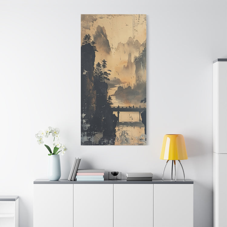 Serene Mountain Bridge Canvas Wall Art — East Asian Landscape Matte Stretched Print - The Art Hub