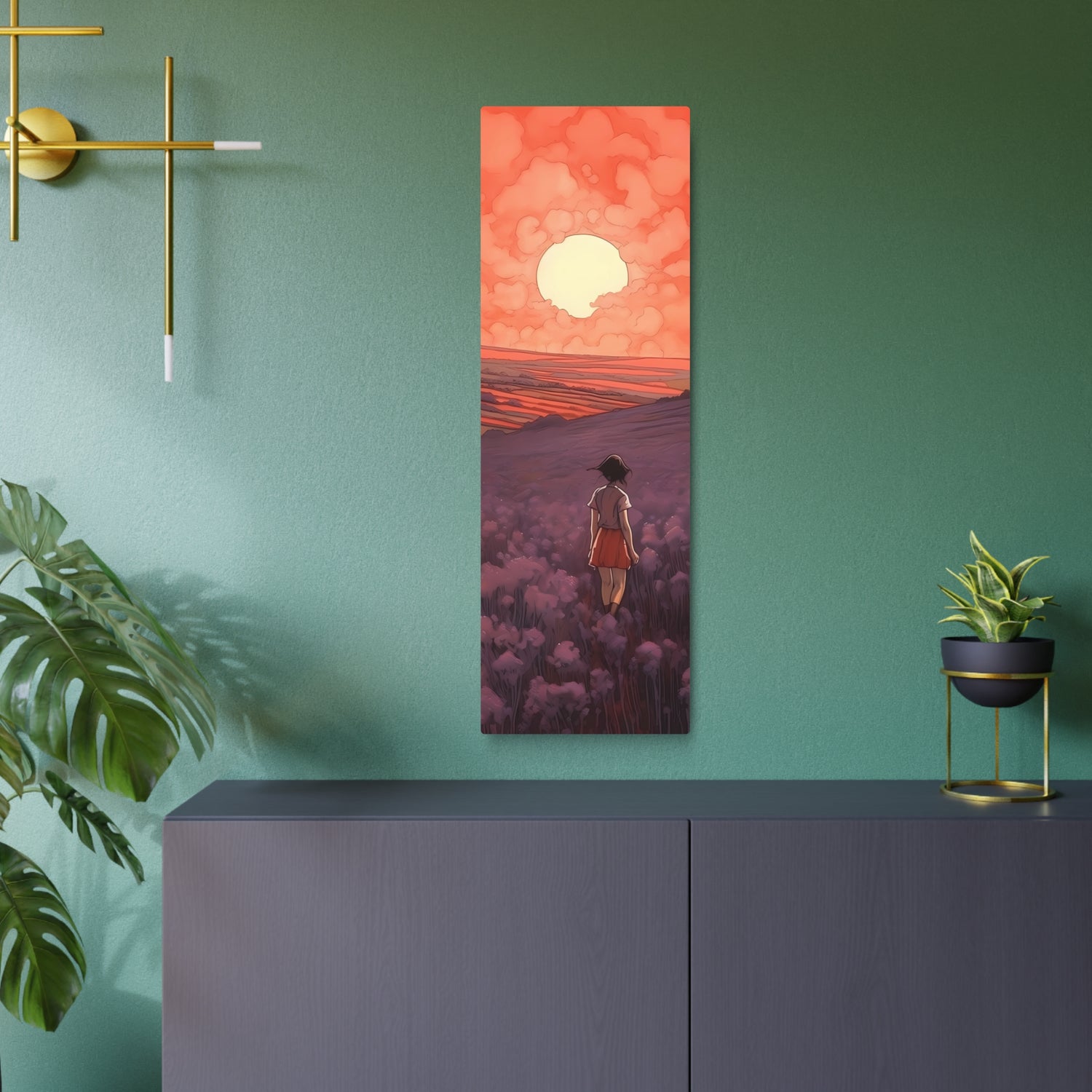 Sunset Meadow Metal Art — Girl Walking Through Lavender Field Wall Decor - The Art Hub