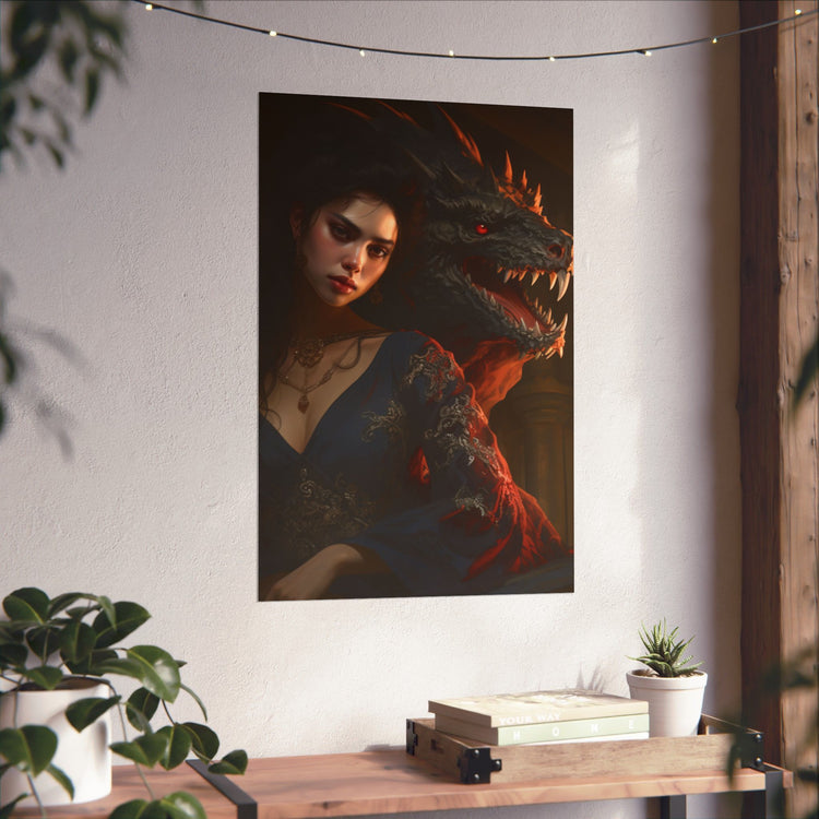 Fantasy Portrait Poster — Dark Sorceress with Dragon Matte Vertical Print - The Art Hub