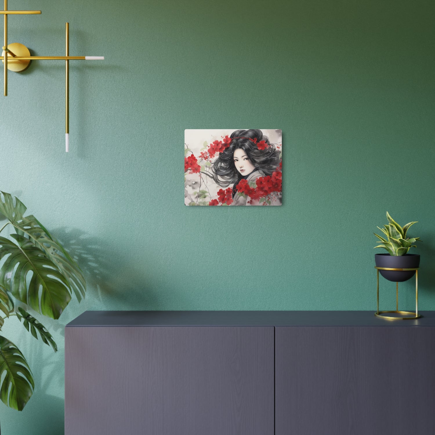 Metal Art Asian Woman with Red Blossoms Decorative Wall Art - The Art Hub