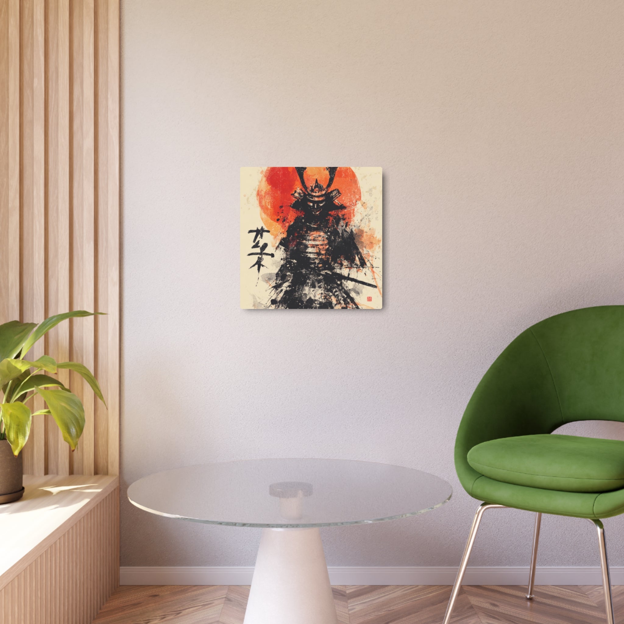 Samurai Metal Art Sign — Ink Wash Warrior with Rising Sun