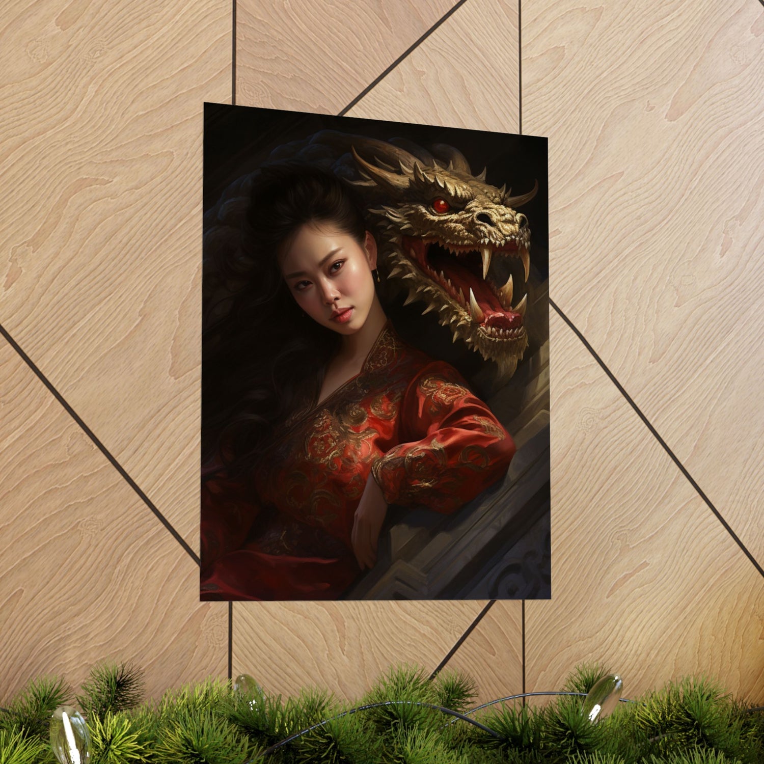 Matte Vertical Poster — Asian Warrior Woman with Dragon Art Print - The Art Hub