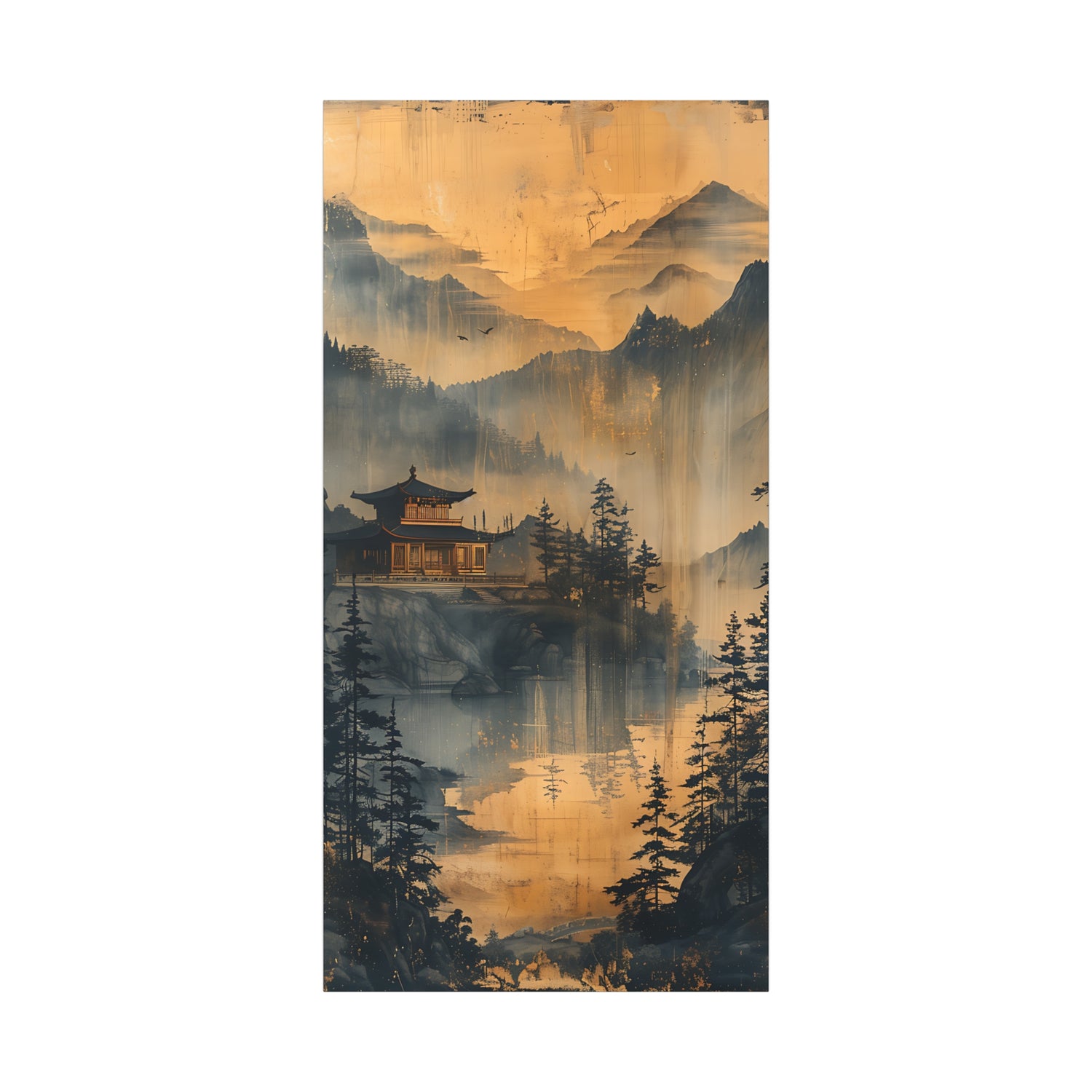 Golden Mist Mountain Landscape Canvas — Asian Pagoda Wall Art - The Art Hub