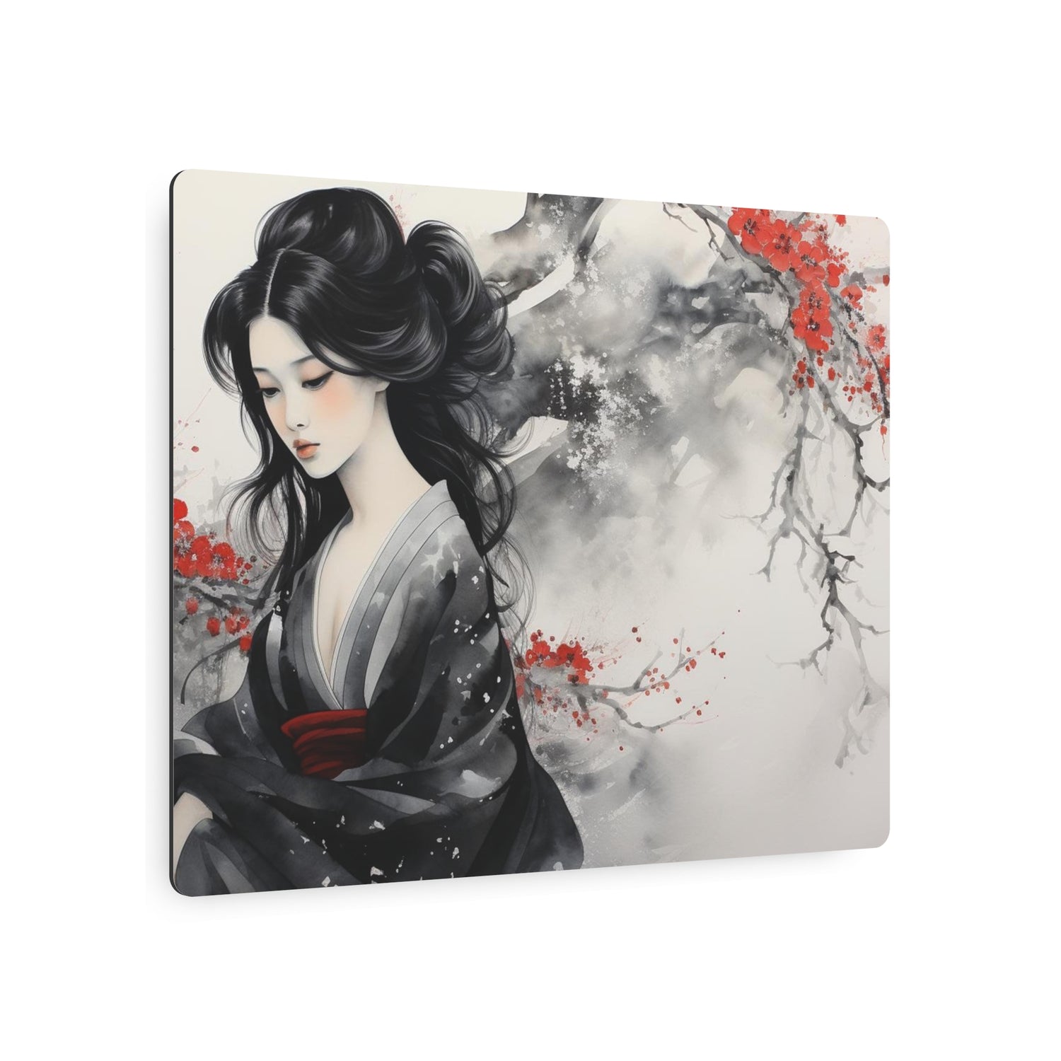 Metal Art Japanese Geisha Wall Decor with Cherry Blossom Ink Wash - The Art Hub
