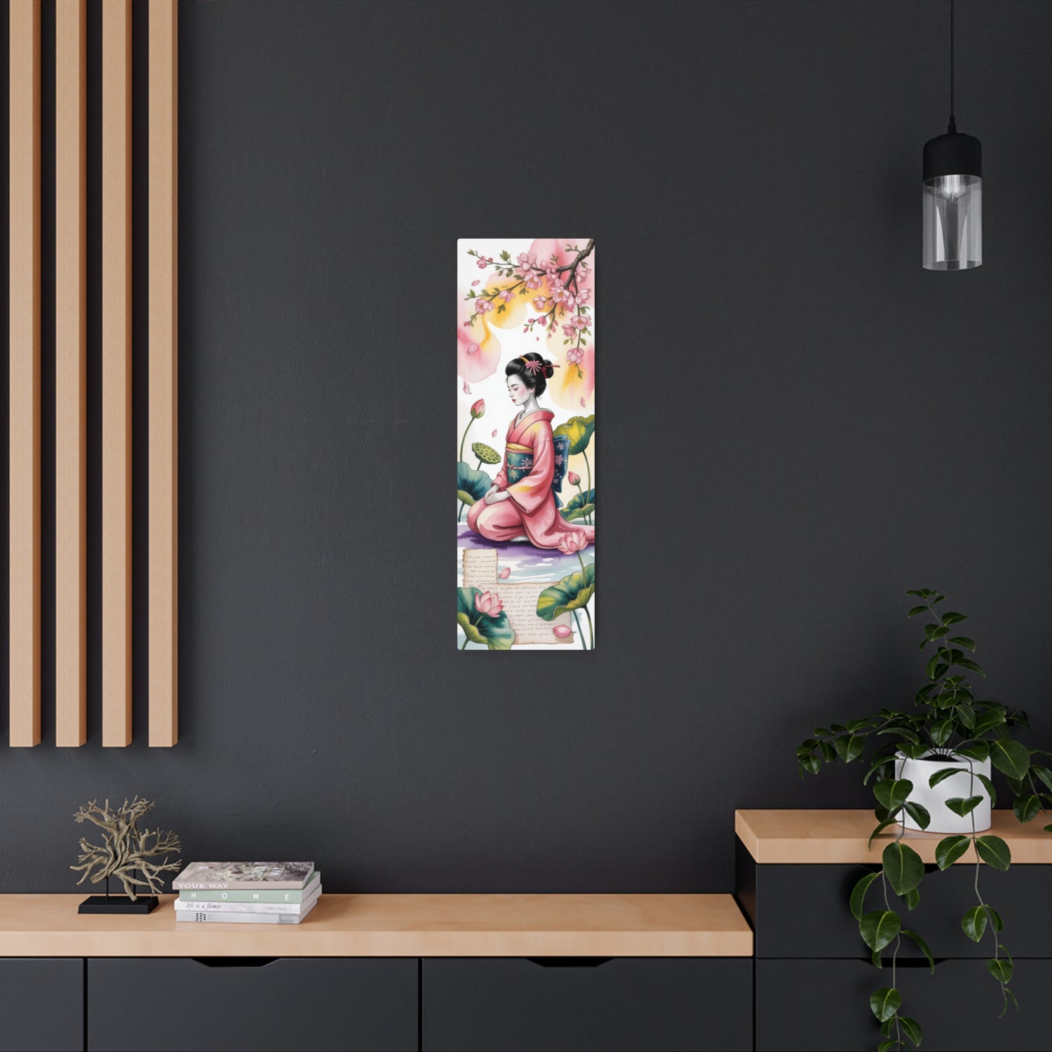 Japanese Geisha Wall Decor with Cherry Blossoms & Lotus - The Art Hub