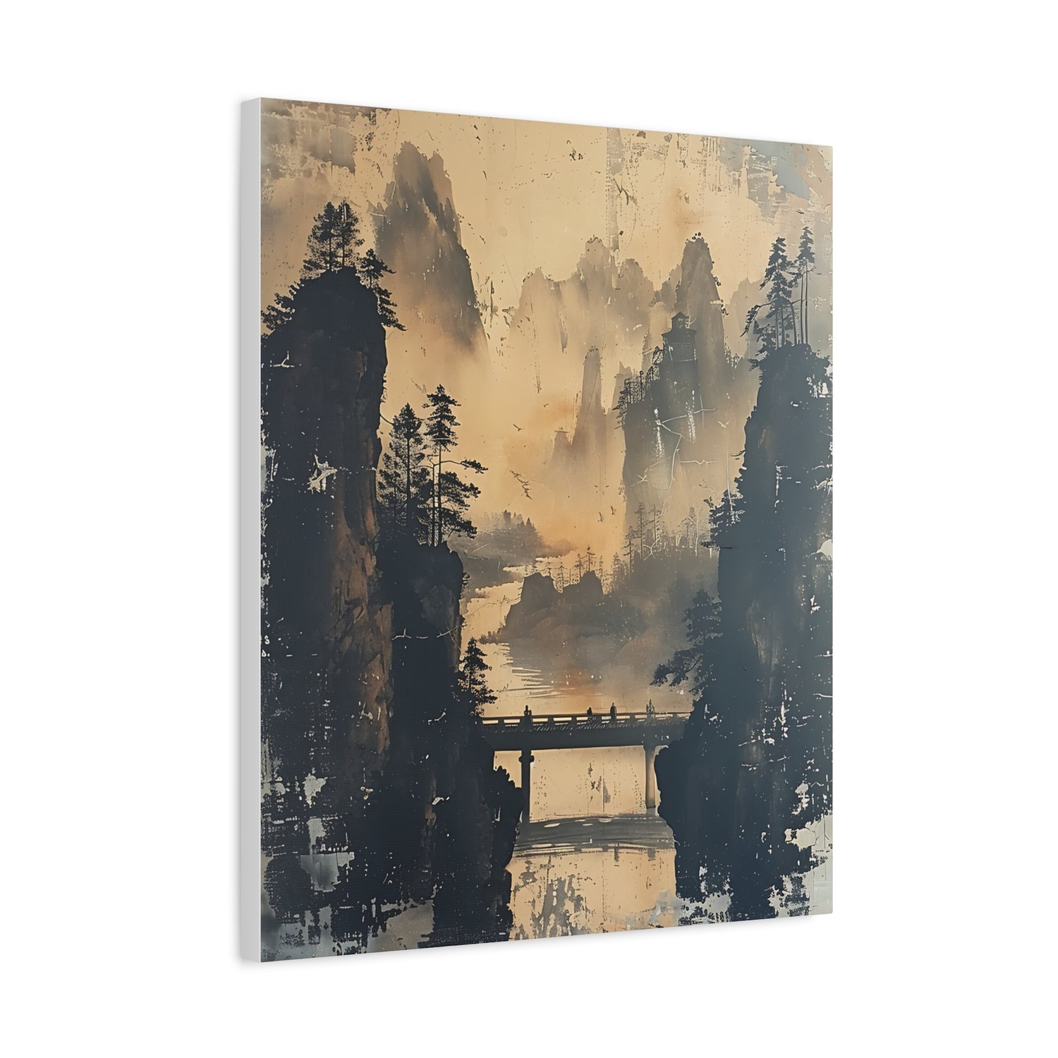 Serene Mountain Bridge Canvas Wall Art — East Asian Landscape Matte Stretched Print - The Art Hub