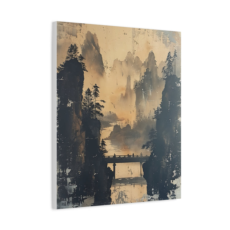 Serene Mountain Bridge Canvas Wall Art — East Asian Landscape Matte Stretched Print - The Art Hub