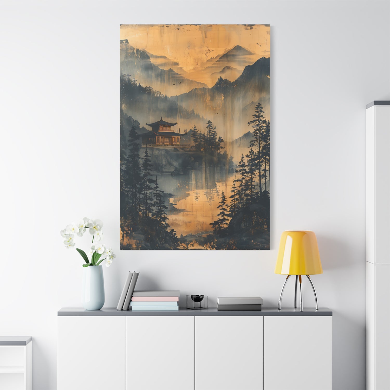 Golden Mist Mountain Landscape Canvas — Asian Pagoda Wall Art - The Art Hub