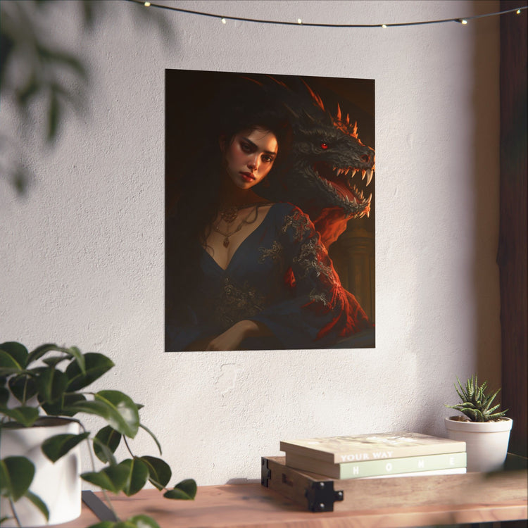 Fantasy Portrait Poster — Dark Sorceress with Dragon Matte Vertical Print - The Art Hub