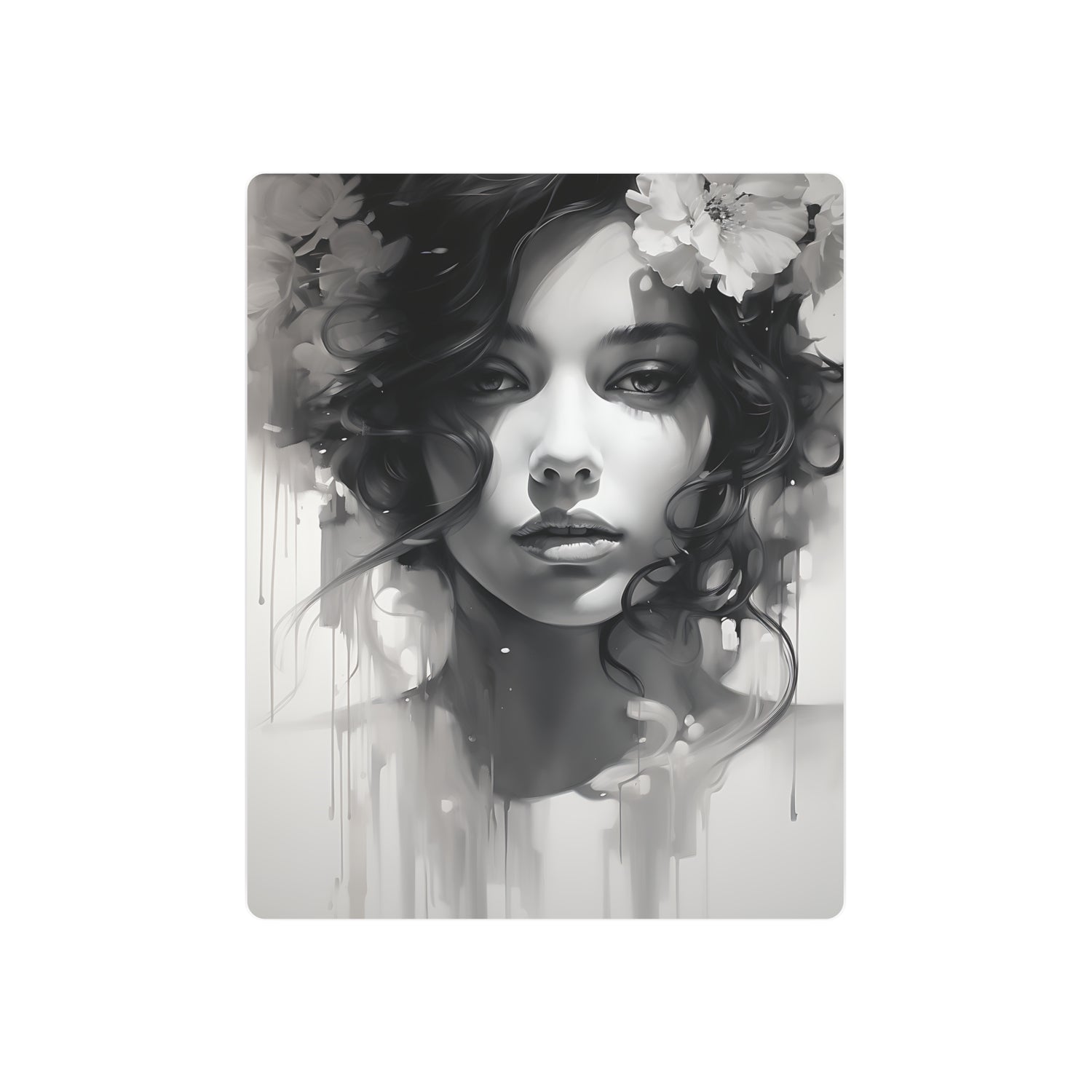 Metal Wall Art Sign — Monochrome Portrait of Woman with Floral Accents - The Art Hub